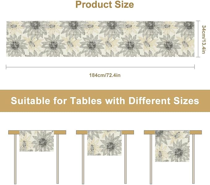 Chrysanthemum Vintage Floral Table Runner, Elegant Grunge Green Sunflower Spring Summer Elegant Pattern Artichokes Flower Table Runner for Party Kitchen Dining Living Room Decor, 13x108 Inch
