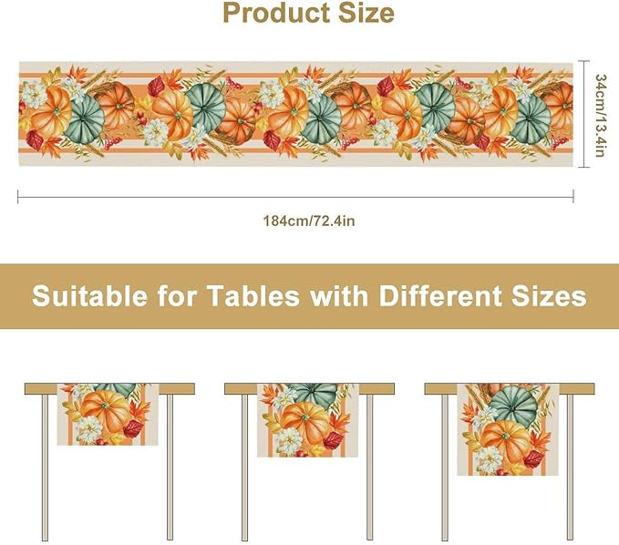Autumn Table Runner,Orange Pumpkin Flowers Leaves Fall Table Runners Seasonal Kitchen Dining Table Decor for Thanksgiving Harvest Home Holiday Party 13x120 Inch