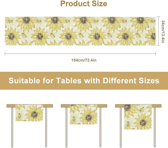 Chrysanthemum Vintage Floral Table Runner, Elegant Grunge Gray Sunflower Spring Summer Elegant Pattern Artichokes Flower Table Runner for Party Kitchen Dining Living Room Decor, 13x120 Inch