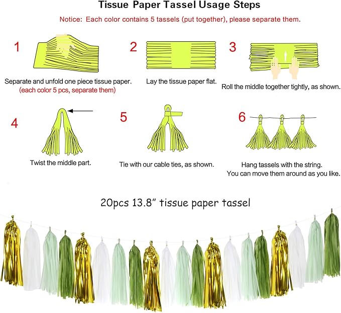 Sage-Olive Green Gold Party-Decorations Tassel-Garland - 20pcs Rustic Wedding Baby Shower Tassels Banner Streamers, Birthday Bachelorette Engagement Bridal Decor Panduola