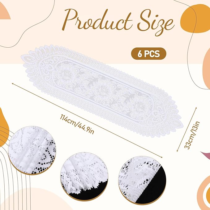 6 Pack Crochet Lace Table Runner White Lace Doilies for Furniture Handmade Cotton Doilies Rustic Table Dresser Scarf for Wedding Party Home Dining Decor, 13 × 45 Inches