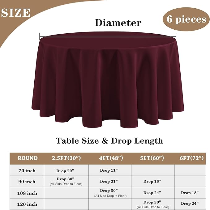 Fitable 6 Pack Burgundy Round Table Clothes - 70 Inches in Diameter - Stain Resistant and Washable Tablecloths, Polyester Fabric Table Covers for Wedding, Party, Banquet, Gathering