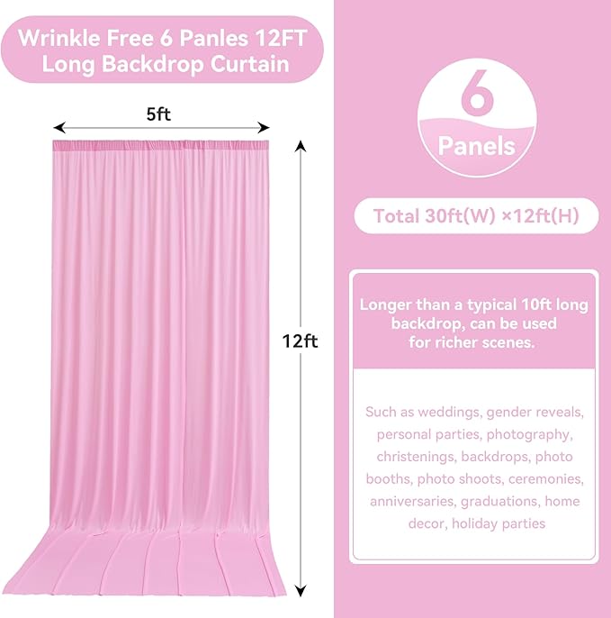 30ftx12ft Wrinkle Free Pink Backdrop Curtain, 6 Panels 12FT Height Pink Wedding Backdrop Drapes, Silky Polyester Back Drop Cloth for Birthday Photography Background Party Backdrop Draping