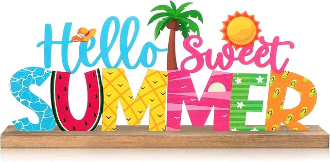 Hello Sweet Summer Metal Sign Rustic Table Decor Holiday Tiered Tray Decor with Wooden Base Freestanding Metal Word Sign for Home Tabletop Centerpiece Mantel Shelf Fireplace