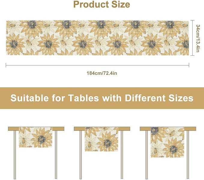 Chrysanthemum Vintage Floral Table Runner, Elegant Grunge Orange Sunflower Spring Summer Elegant Pattern Artichokes Flower Table Runner for Party Kitchen Dining Living Room Decor, 13x90 Inch