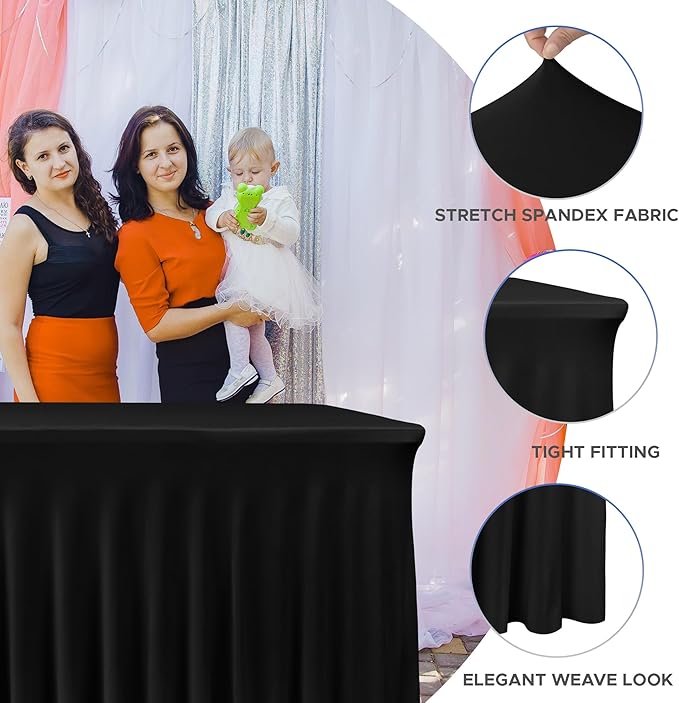 Nasitos Black Table Skirt for 6 Foot Rectangle Tables, 4 Pack - 72 x 30 Inch - Stretch Spandex Fitted Table Clothes, Fabric Table Covers Cocktail Tablecloths for Party, Banquet, Birthday