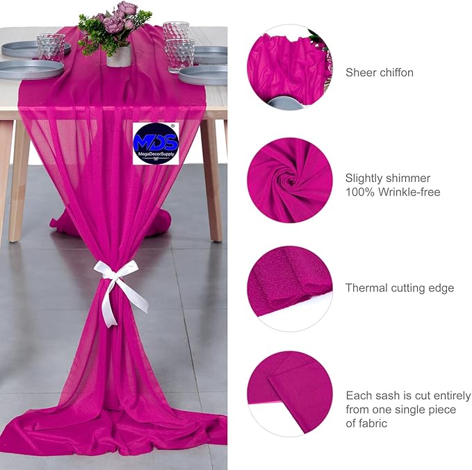 MDS Halloween Chiffon Table Runner - 10 Pack, 29 x 170 Inches, 14ft Each - Sheer Spooky Table Runners for Haunted House Parties, Trick-or-Treat Tables, Witchy Décor, Wedding & Events - Magenta