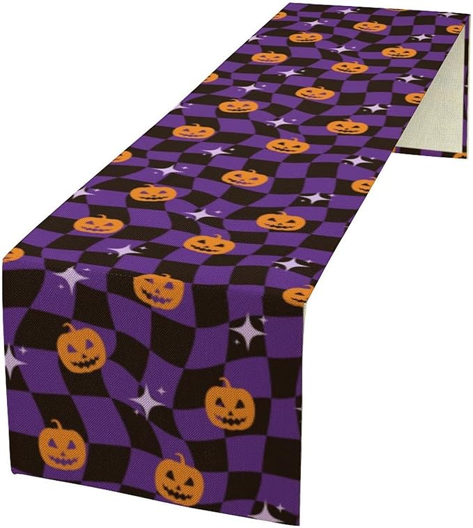 Halloween Table Runner,Purple Checkered Pumpkin Table Runner for Kitchen Dining Table Decoration Home Party Decor 13x120 Inch