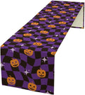 Halloween Table Runner,Purple Checkered Pumpkin Table Runner for Kitchen Dining Table Decoration Home Party Decor 13x70 Inch