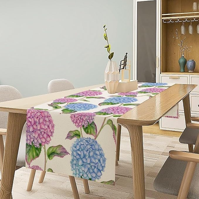 Spring Hydrangea Flower Table Runner, Seasonal Summer Plants Watercolor Pink Purple Florals Dinner Runner for Home Kitchen Dining Table Party Holiday Decoration 13"x90"