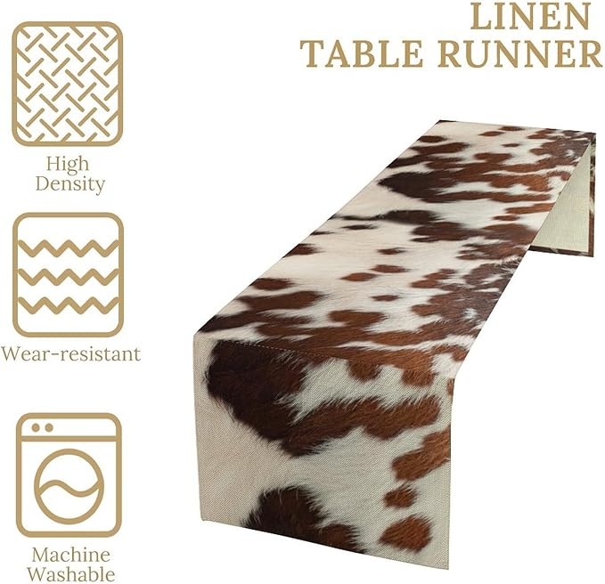 Farmhouse Cow Skin Print Table Runner, Safari Wildlife Brown Country Farm Cowhide Pattern Cotton Linen Rustic Cottage Table Runner for Dinning Home Party Holidays Home Setting, 13x36 Inch