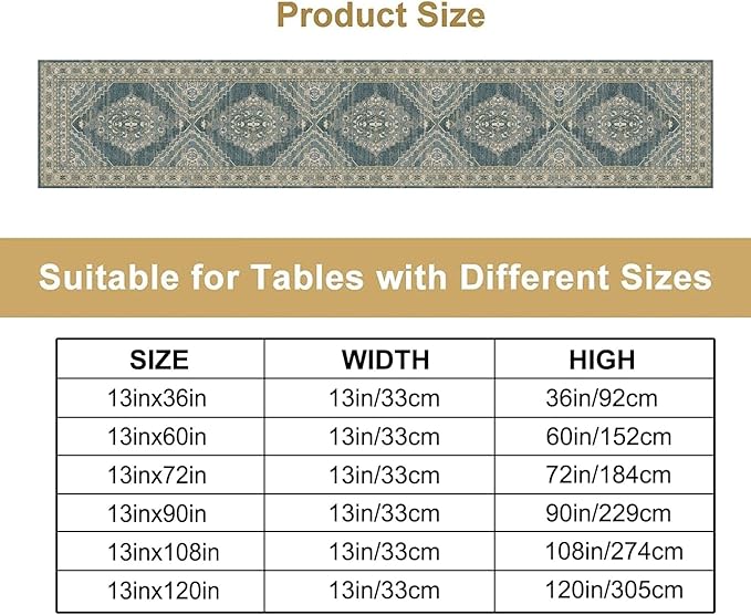 Boho Floral Vintage Table Runner, Blue Teal Retro Flower Rustic Country Farmhouse Pattern for Home Kitchen Table Decor Dining Coffee Room Party Decor 13x72in
