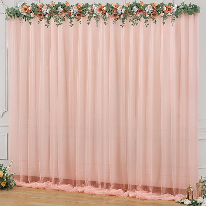 10x10ft Peach Tulle Backdrop Curtain for Parites, Sheer Backdrop Curtains for Wedding Baby Shower Birthday Party Photo Shoot Decorations