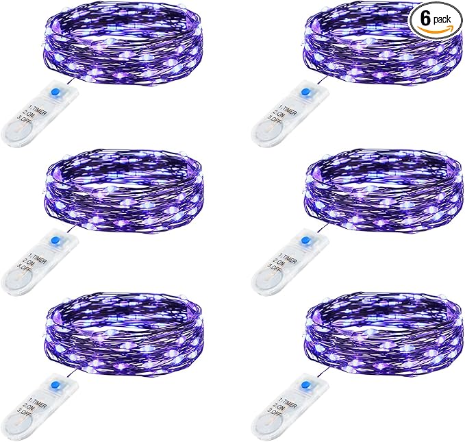 Minetom 6 Pack Purple Fairy Lights Battery Operated with Timer - 7ft 20 LED Waterproof Short Micro Firefly Lights for Halloween Decor, Pumpkin DIY Craft, Paper Lantern Decoration