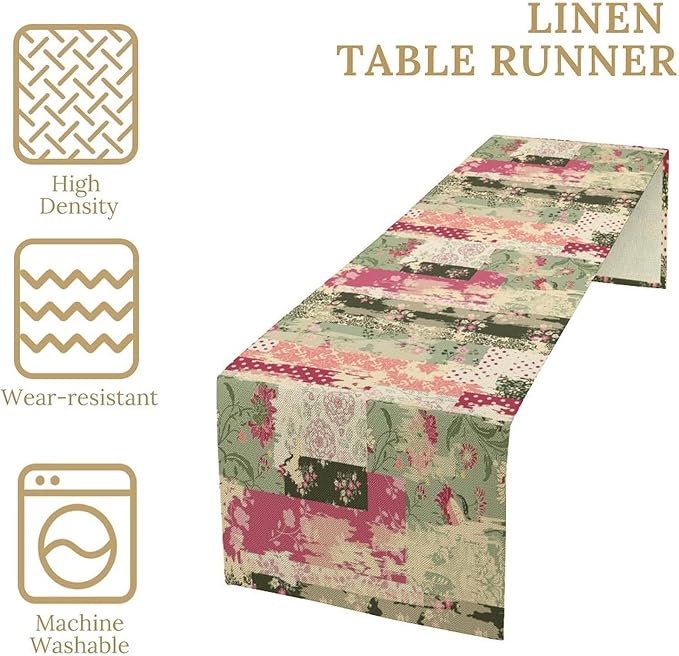 Patchwork Flower Table Runner,Abstract Colorful Floral Retro Style Hand Drawn Tablecloth Burlap for Hotel Indoors Outdoor Dining Room Kitchen Home Decor,W13X L36 in