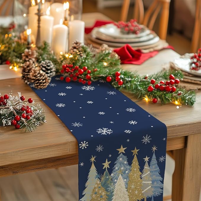 GEEORY Christmas Table Runner 13x36 Inch, Xmas Trees Snowflakes Holiday Decorative Farmhouse Table Decoration for Kitchen Dinning, Indoor Outdoor Dinner Party Decor (Blue) GT151-36
