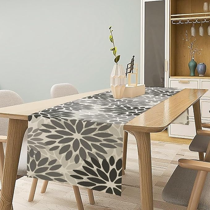 Gray Dahlia Flower Table Runner, Vintage Modern Linen Geometric Pattern Floral Table Runner Spring for Farmhouse Kitchen Dining Party Holiday Party, 13x108 Inch