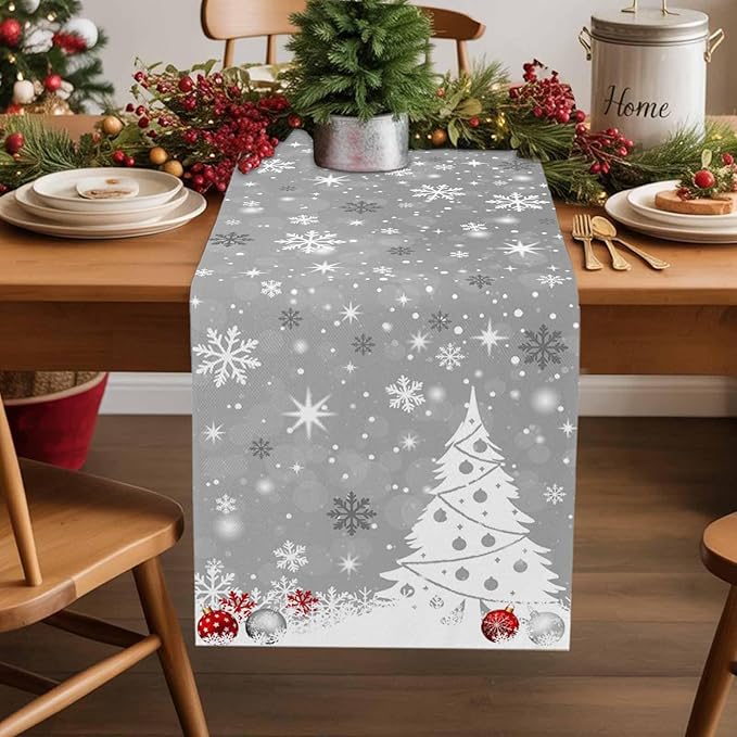 Christmas Snowflakes Cotton Linen Table Runner for Dining Kitchen, Xmas Tree Snow Winter Wedding Outdoor Party Tablerunners Decoration, Grey Balls Dresser Scarf Coffee Tablecloth Runners 13x48 Inches