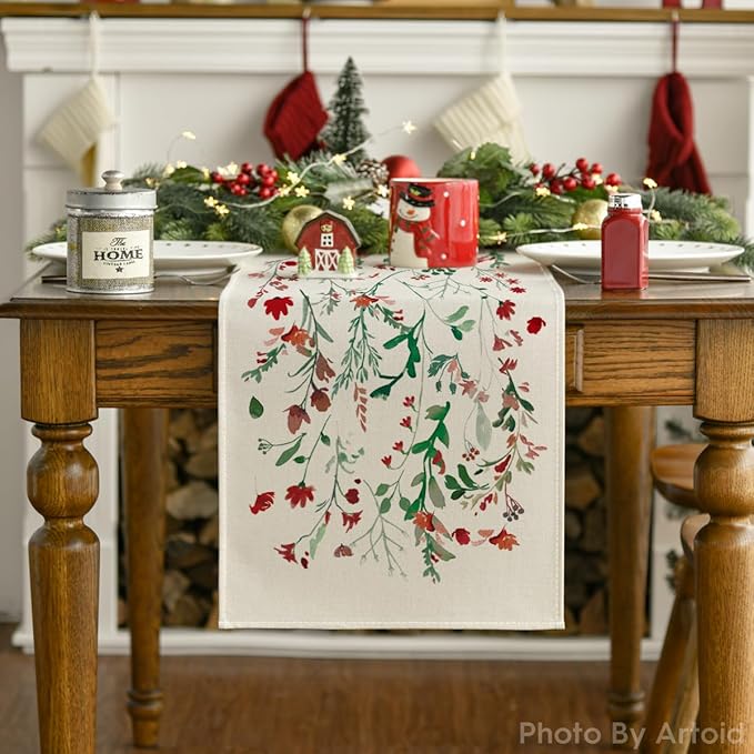 Artoid Mode Floral Leaves Christmas Table Runner, Wild Flowers and Grasses Winter Kitchen Dining Table Decoration for Home Party Decor 13x48 Inch