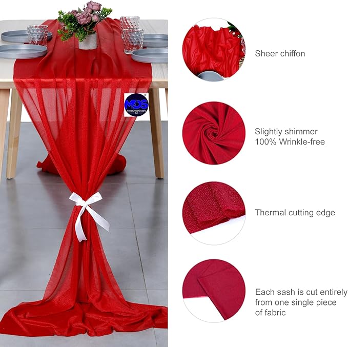 MDS Halloween Chiffon Table Runner - 25 Pack, 29 x 120 Inches, 10ft Each - Sheer Spooky Table Runners for Haunted House Parties, Trick-or-Treat Tables, Witchy Décor, Wedding & Events - Red