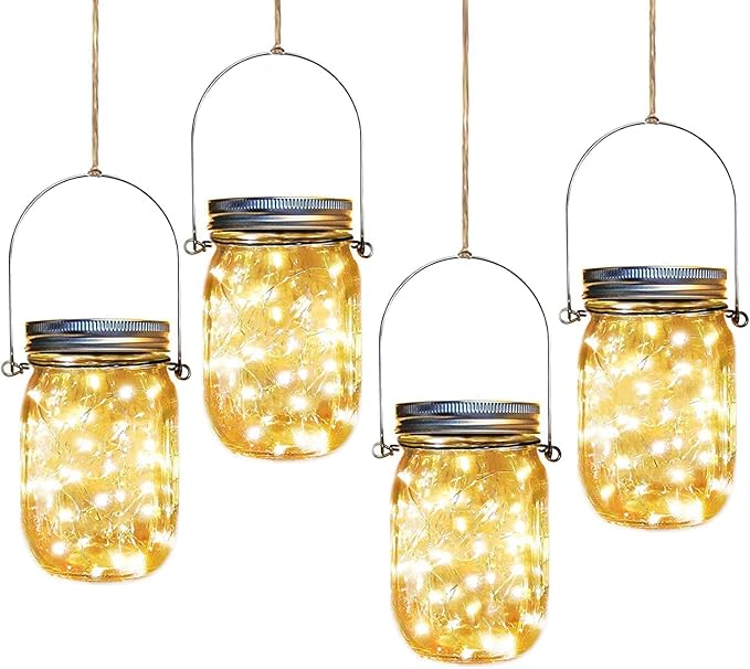 Solar Mason Jar Lights,4 Pack 30 Led Starry Fairy String Hanging Jar Lights,Solar Lanterns for Outdoor Patio Party Garden Wedding Halloween Christmas Projector Decor Light(Mason Jars/Handles Included)