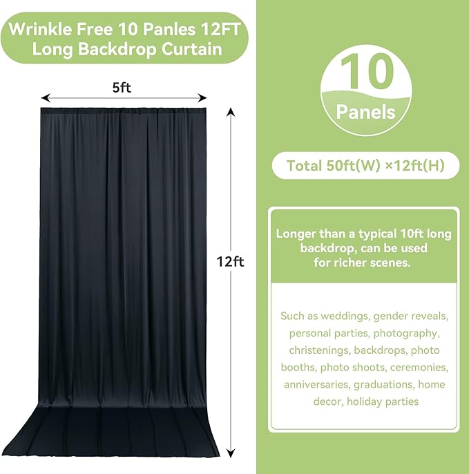 50ftx12ft Wrinkle Free Black Backdrop Curtain, 10 Panels 12FT Height Black Wedding Backdrop Drapes, Silky Polyester Back Drop Cloth for Birthday Photography Background Party Backdrop Draping