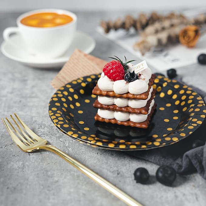 Lullaby 200PCS Black Paper Plates, Black and Gold Paper Plate, 100pcs Dinner Plates 9"，100pcs Dessert Plates 7", Disposable Graduation Plates with Golden Dot for Birthday party, Halloween