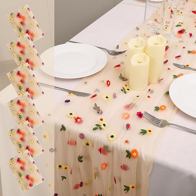 6PCS Champagne Floral Table Runner 10 FT, Embroidery Daisy Table Runners Seasonal Sheer Tulle Table Runner for Thanksgiving Wedding Birthday Baby Shower Party ﻿