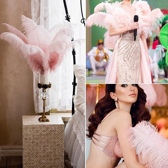 NEWONG 30pcs Light Pink Ostrich Feathers Natural Bulk 8-10inch（20-25cm) Vase Craft Wedding Home Party Centerpieces Christmas Day coquettish Valentine's Day Decoration