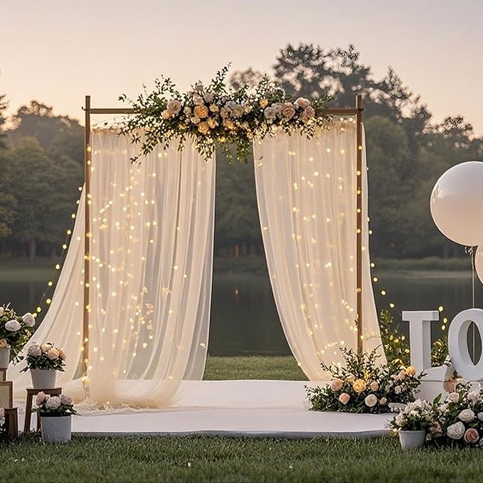 10×10ft Tulle Backdrop Curtains with Lights String - 300LED Fairy Lights Sheer Curtain Backdrop for Weddings Baby Shower and Birthday Party Decorations(4 Panels 5×10ft)