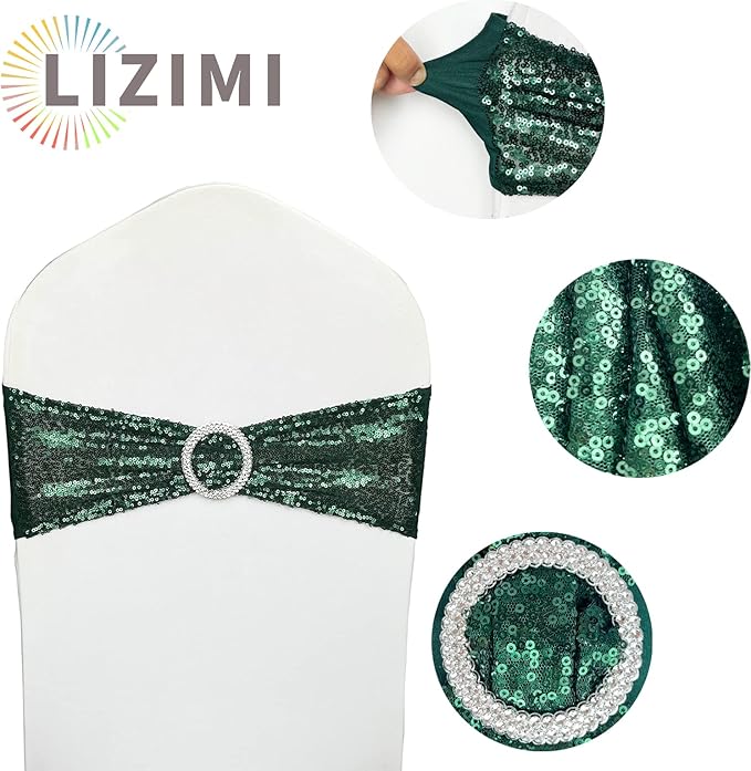 100 Pcs Chair Sashes Sequin Stretch Chair Bands Dark Green Spandex Polyester Bows for Party Hotel Wedding Banquets Decoration - Hunter Emerald Green