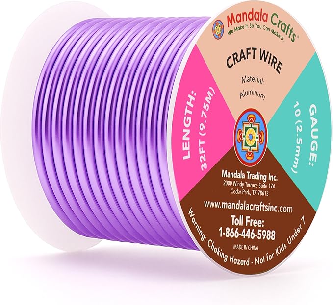 Mandala Crafts 10 Gauge Anodized Aluminum Craft Wire for Jewelry Making - 32 FT Colored Flexible Lavender Wire - Bendable for Bonsai Armature Crafting Sculpting