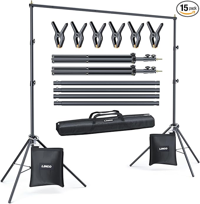 LINCO Backdrop Stand for Parties Kit 10x7 ft Adjustable Back Drop Photography Studio Photo Background Support System with Clamps, Sand Bag, Carrying Bag 4172