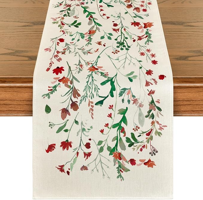 Artoid Mode Floral Leaves Christmas Table Runner, Wild Flowers and Grasses Winter Kitchen Dining Table Decoration for Home Party Decor 13x108 Inch