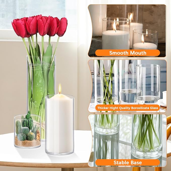 8 Pack Glass Cylinder Vases 4,6,8,10 Inch Tall Clear Flower Vase Hurricane Floating Candle Holder for Table Centerpiece Wedding Home Decor