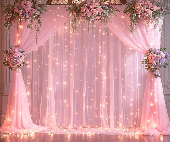 20ft x 10ft Pink Tulle Photo Backdrop Curtain with Lights String for Baby Shower Sheer Baby Pink Curtain Backdrop for Birthday Party Wedding Photo Booth Photography Background Decorations