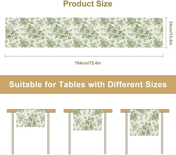 Vintage Flower Table Runner, Wildfloral Green Floral Sketch Pattern Print Table Runner for Kitchen Dinning Table Runner Decor Home Wedding Party Holiday, 13x108 Inch