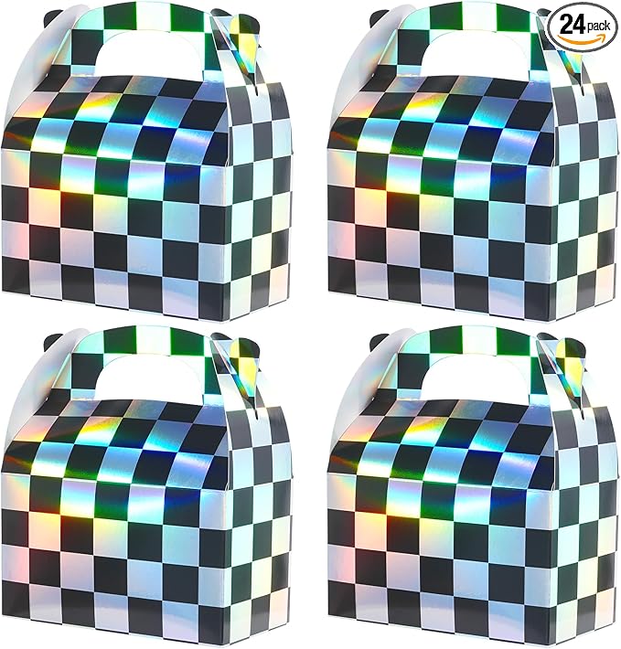 24 Pcs Iridescent Checkered Race Car Party Favor Gable Boxes, Paper Black and Iridescent Car Goodie Treat Boxes, Racecar Laser Plaid Gift Box for Kids Fast Race Cars Birthday Party Decorations