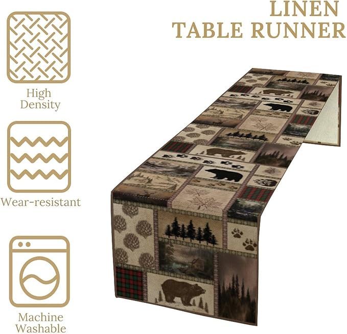 Retro Rusticd Cabin Table Runner Bear Country Farmhouse Vintage Lodge Table Runner for Party Dinner Festival Bedroom Living Room Kitchen 13x36 Inch