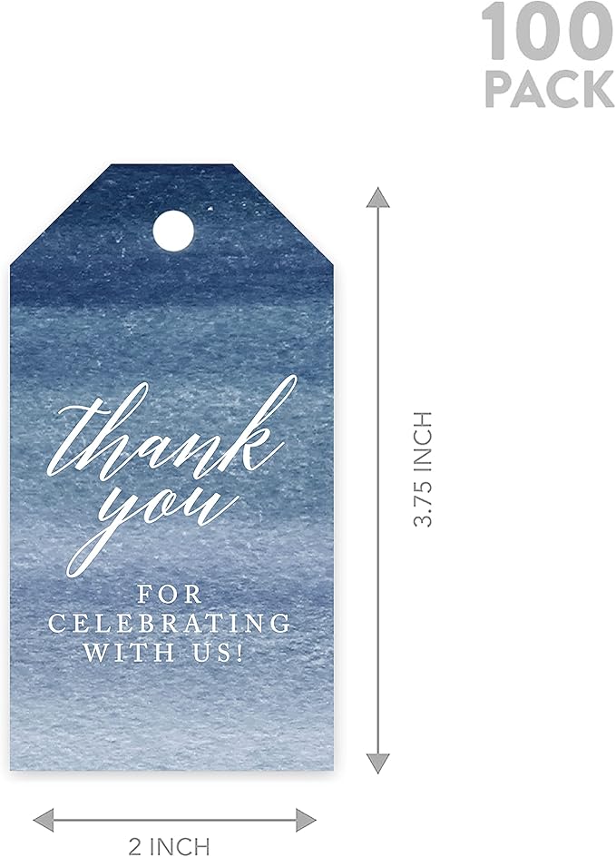 Andaz Press 100-Pack Thank You for Celebrating with Us Favor Tags Navy Blue Ombre Watercolor Cardstock Gift Tags with Bakers Twine for Wedding Baby Shower Bridal Shower Party Favors 2 x 3.75-Inches