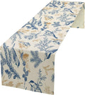 Chinoiserie Flowers Table Runner, Seasonal Spring Fall Plants Blue Florals Birds Dinner Runner for Home Kitchen Dining Table Party Holiday Decoration 13"x60"