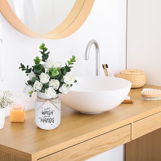 XunYee Farmhouse Bathroom Decor Wash Your Hands Sign Mason Jar with Flowers 16.9 oz White Mason Jar Centerpiece Table Rustic Decor for Restroom Bathroom Shelf Bridal Shower Kitchen
