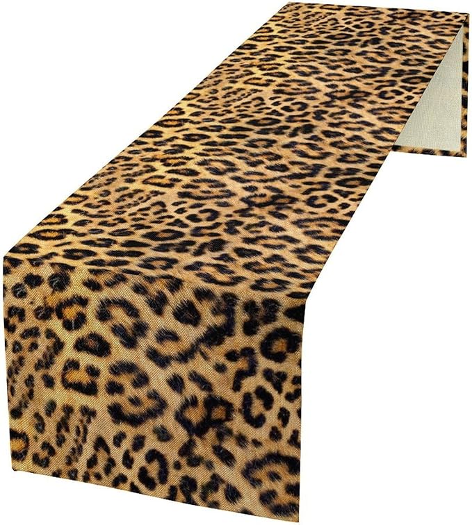 Leopard Print Dinning Table Runner, Cotton Linen Rustic Cottage Country Farm Safari Wildlife Fur Print Table Runners for Table Dresser Runner Dinning Kitchen Party Holidays Home, 13x70 Inch