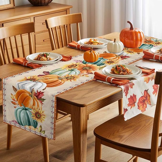 Fall Thanksgiving Southwest Cotton Linen Table Runner for Dining Kitchen, Orange Pumpkins Wedding Outdoor Party Rustic Tablerunners Decoration, Sunflower Dresser Scarf Tablecloth Runners 13x120 Inches
