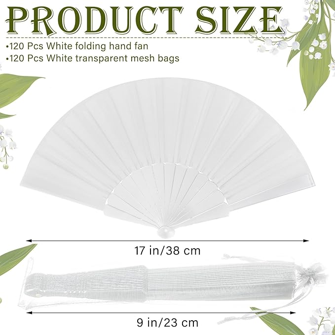 Wenqik 120 Pcs Wedding Folding Hand Fans Bulk Silk Fabric Chinese Handheld Foldable Clack Fans with Plastic Ribs for Party, Wedding Gifts, Line Dancing, Home Decorative (White)