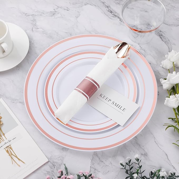 BESTVIP 100 Pack Pre Rolled Rose Gold Plastic Silverware Set, Disposable Wrapped Cutlery Set with 100 Napkins, 100 Knives, 100 Forks and 100 Spoons for Party, Birthday