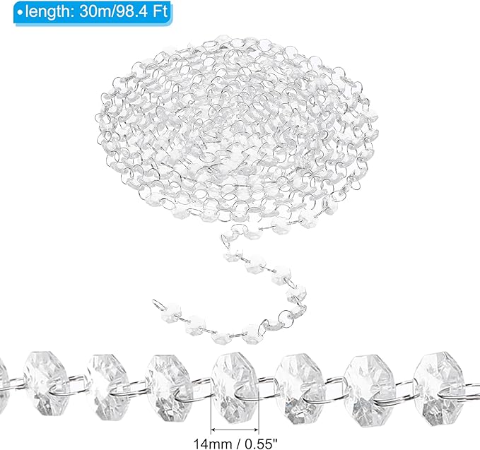 PATIKIL 14 mm Crystal Garland Strands, 98.4 Ft Acrylic Octagon Chandelier Bead Chains String for DIY Craft Wedding Party Home Decorative Jewelry Making, Clear