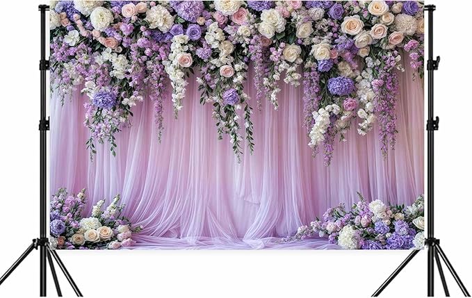 5x3ft Purple Lavender Floral Bridal Backdrop Wedding Flower Photography Backdrop for Girl Portrait Baby Shower Birthday Party Decor Banner Mother's Day Party Wall Backdrop Studio Photo Backgrounds