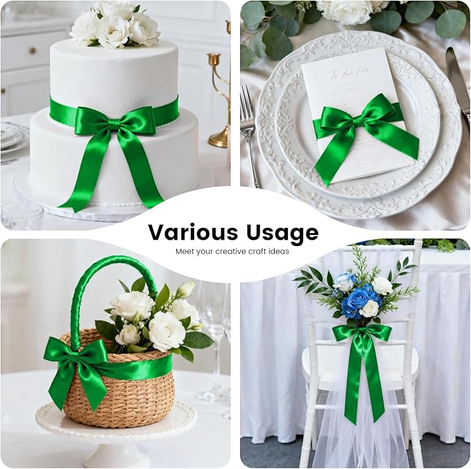 1-1/2 Inch 100 Yards Satin Ribbon Green, Solid Color Fabric Ribbon for Gift Wrapping, Wedding, Polyester Gift Ribbon for Birthday Party Decoration, Craft, Hair, Floral, Sewing