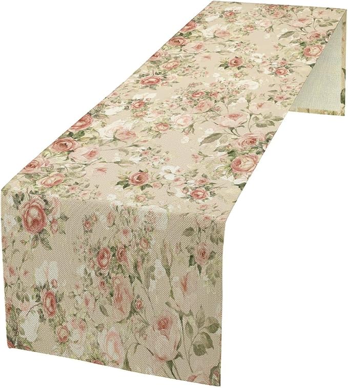 Lovely Rose Table Runner, Red and White Vintage Rose Delicate Floral Natural Pattern Long Table Restaurant Kitchen Holiday Party Decoration,13in（33cm） W * 90in（229cm） L